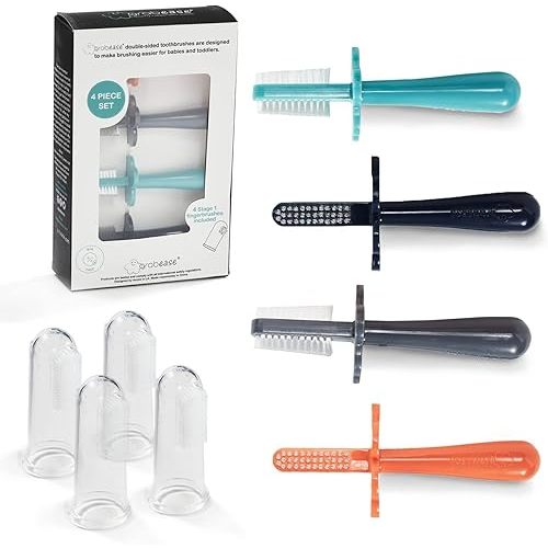 grabease Toddler Baby Infant Double Sided Toothbrush Baby Toothbrush for Infants, BPA-Free & Phthalate-Free for Baby & Toddler, 4 Pack, Navy, Gray, Orange, Teal