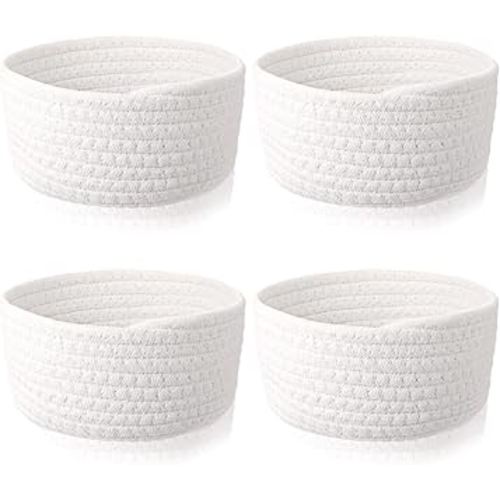 Boao 4 Pcs Woven Baskets Small Rope Storage Bin Mini Cotton Baskets for Organizing Valentine's Day Gifts Cute Tiny Empty Round Shelf Closet Decorative Bins for Nursery Baby Shower Birthday(White)