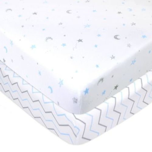 TL Care Printed 100% Cotton Knit Fitted Mini Crib Sheet - 2pk, Color: Star Zigzag Blue
