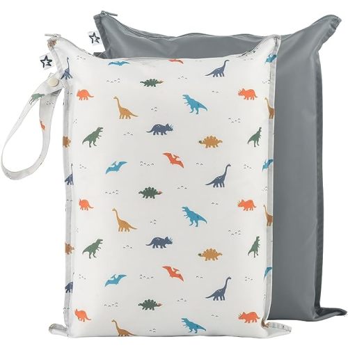 Tiny Twinkle Mess-proof Wet Bags 2 Pack Waterproof and Washable Bag for Travel storage, Stroller, Daycare, Baby Diapers, Yoga, Beach, Pool, Wet Toddler Swimsuits (Dinosaur)