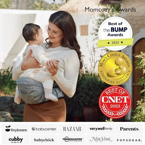 Momcozy Hip Seat Baby Carrier - Adjustable Waistband with Original 3D Belly Protector, Ergonomic Carrier with Various Pockets for Newborns & Toddlers up to 45lbs (Grey, Medium)