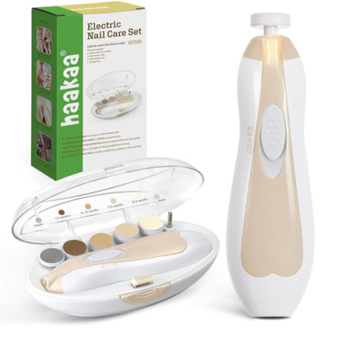 haakaa Baby Nail Care Electric Baby Nail File Kit with LED Light, Baby Nail Clippers for Newborn/Infants/Adults Toenails and Fingernails, 6 Replacement Heads & Storage Case, Acorn