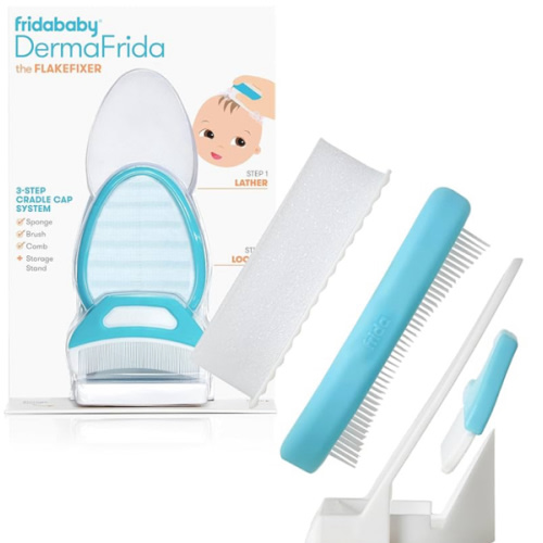 Frida Baby The 3-Step Cradle Cap System, DermaFrida The FlakeFixer, Sponge, Brush, Comb and Storage Stand for Babies with Cradle Cap, White-Blue