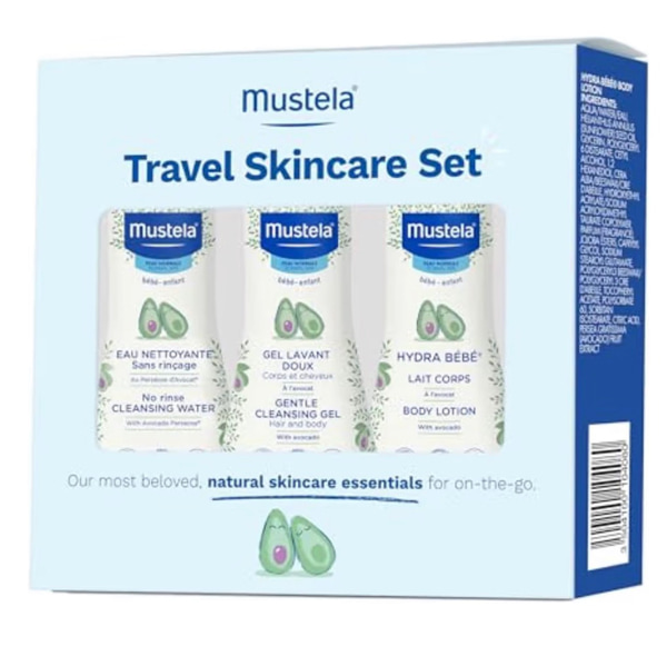 Mustela Travel Skinscare Set - Baby Skin Care & Bath Time Set - TSA-Approved - Natural & Plant-Based - Natural Avocado - 3 Items Set - Refillable & Reusable 1.69 Fl. Oz. Bottles