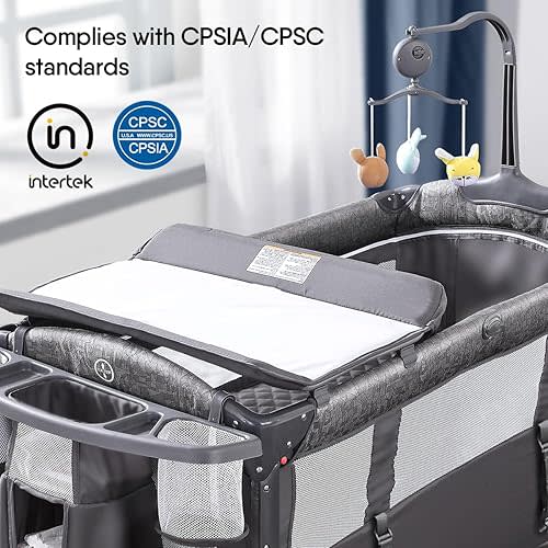 BabyBond Baby Bassinet Bedside Crib, Pack and Play with Sheet, Diaper Changing Table and Music Mobile from Newborn to Toddles, Portable Large Playard