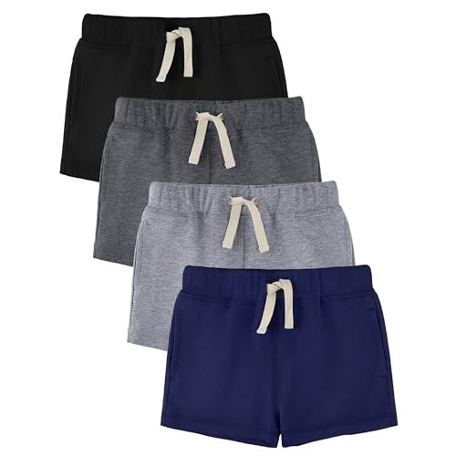 HoeVou Baby Boys Shorts 4-Pack 0-24M | Cotton Knit Pull-On with Adjustable Drawstring Waist & Pockets, Summer Playwear