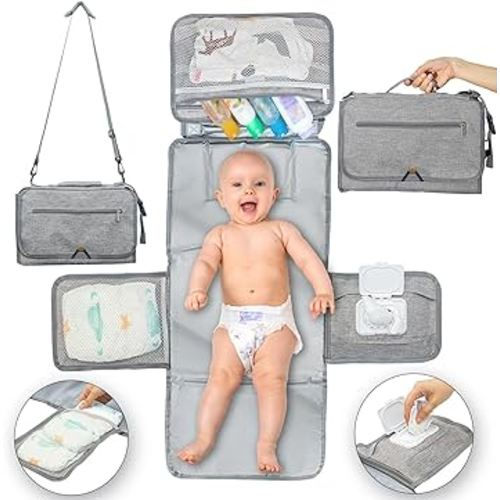 Portable Changing Pad with Shoulder Strap, 27"x13.5" - Compact Diaper Bag Changing Pad with Wipes Pockets & Head Pillow - Large Padded & Waterproof Travel Changing Pad for Baby (Gray)