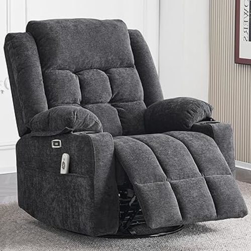 Power Swivel Rocker Recliner Chair for Adults with Massage and Heat, USB and Type-C Ports, Infinite Position, Electric Glider Reclining Single Sofa Chair for Living Room(Dark Grey)