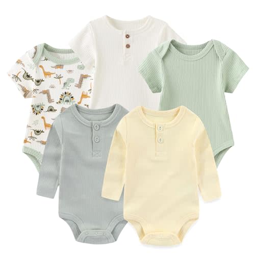 Ruliby Newborn Baby Bodysuit 5 Pack Soft Ribbed One-Piece Outfit Clothes Sets 0-12 Month
