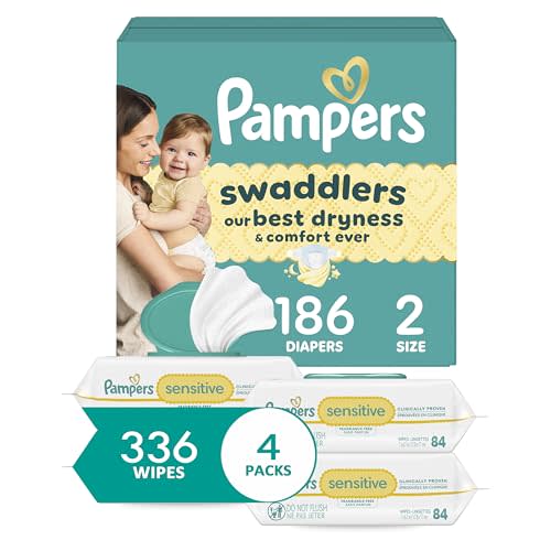 Diapers Size 2, 186 Count and Baby Wipes - Pampers Swaddlers Disposable Baby Diapers and Water Baby Wipes Sensitive Pop-Top Packs, 336 Count (Packaging May Vary)