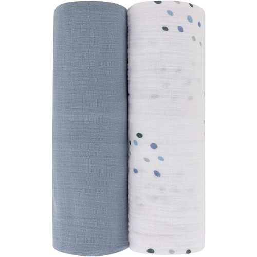 Ely's & Co. Cotton Muslin Swaddle Blanket 2-Pack for Baby Boy — 100% Cotton Muslin Extra-Large Swaddle Blankets (47” x 47”) Blue Raindrops | Solid Blue