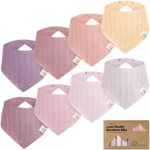 8pk Lumi Muslin Baby Bibs, Bandana Bibs for Baby Boy, Baby Girl, Muslin Drool Bib for Newborn, Toddler (Lavender)