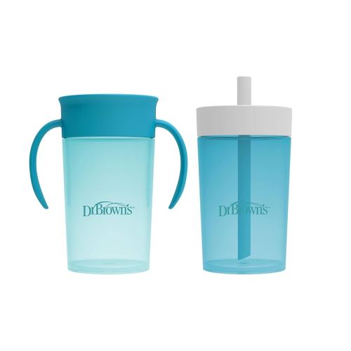 Dr. Brown's Milestones Straw to 360° Cup Set, Convertible Toddler Training Cup Set with Interchangeable Silicone Straw and 360 Degree Cup Lids, Ocean Blue, 10 oz/300 mL, BPA Free, 9m+, 2 Pack