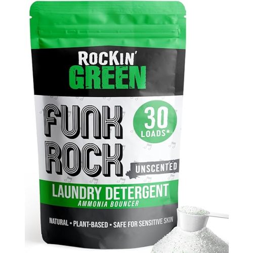 Rockin' Green Laundry Detergent, Plant based, All Natural Laundry Detergent Powder, Vegan and Biodegradable Odor Fighter, Safe for Sensitive Skin (Funk Rock Ammonia Bouncer 30 Loads - Unscented)