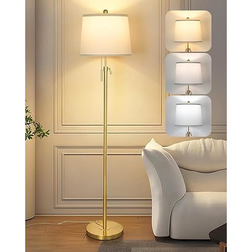 Gold Floor Lamp for Living Room, Tall Standing Lamp with 3 Color Temperatures Modern Brass Floor Lamps for Reading Bedroom Office Lights Corner Night Stand Kids Lamp (9W LED Bulb, White Lampshade)