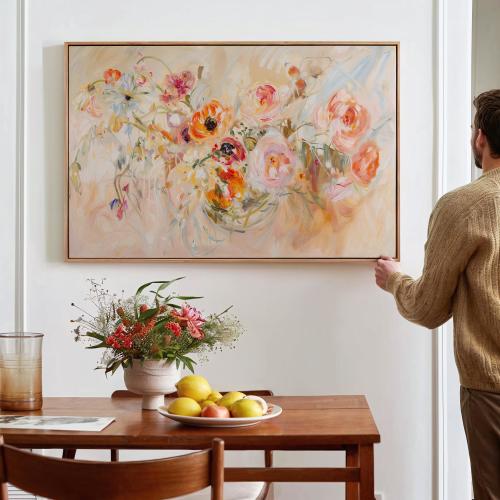 Colorful Floral Painting, Organic Modern Fine Art Print, Impressionist Abstract Neutral Beige Vase of Flowers, Wildflower Wall Decor 168