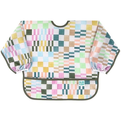 Bumkins Sleeved Bib for Girl or Boy, Baby and Toddler for 6-24 Mos, Essential Must Have for Eating, Feeding, Baby Led Weaning Supplies, Long Sleeve Mess Saving Food Catcher, Soft Fabric, Multi Check