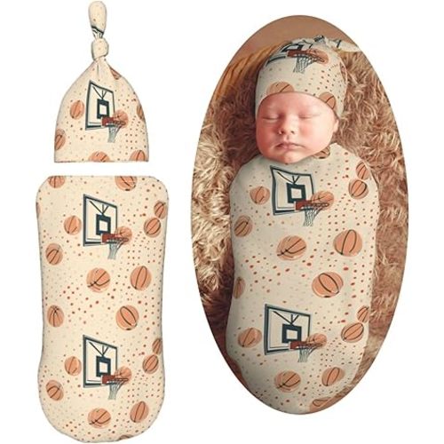 Basketball Hoop and Basketballs Newborn Swaddle Blankets Hat Sets Soft Baby Receiving Blanket Swaddle Sack for Baby Shower Infant Boy Girl Gift