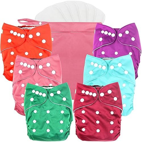 wegreeco Cloth Diapers 6 Pack with 6 Inserts & 1 Wet Bag, Washable Cloth Diapers for Babies, One Size Adjustable Reusable (Girl Prints 02)