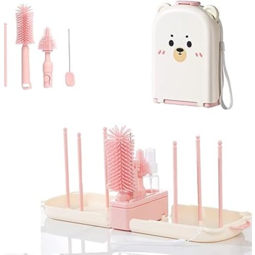 6 In1 Baby Bottle Brush Kit,Portable Silicone Bottle Brush Cleaner Set with Straw Brush,Nipple Brush,Drying Rack,Soap Dispenser,Storage Bag for Travel or Home (Pink)