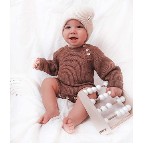 Kids Brown Rib Long Sleeve Button Romper