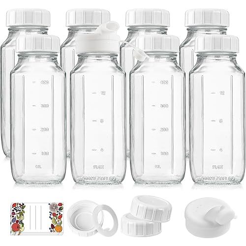 8 Pack 16 Oz Reusable Glass Milk Bottles w 100% Airtight Heavy Duty SCREW Lid & 2 Pour Spouts - Glass Juice Bottles w Capacity Mark - Beverage Drinking Jar Juice Container Breast Milk(Extra 2 Lids)
