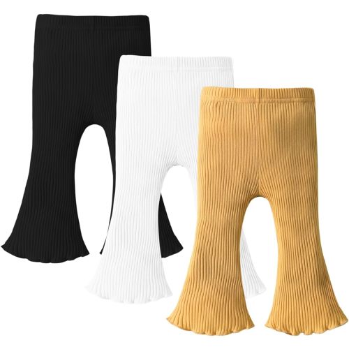 DREAM BUS 3 Pack Baby Girl Pants Toddler Leggings Solid Ribbed Cotton Baby Girls Flare Pants Toddler Bell Bottoms