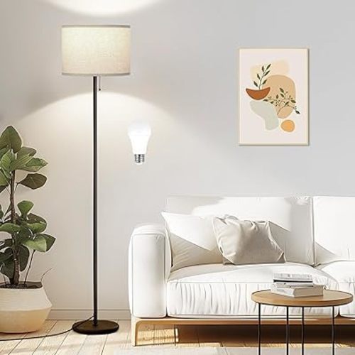 Ambimall Floor Lamps for Living Room with 3 Color Temperatures Bulb & Pull Chain Switch, 60" Modern Standing Floor Lamp for Bedroom Kids Room Study Room(Beige Shade & Black Pole)