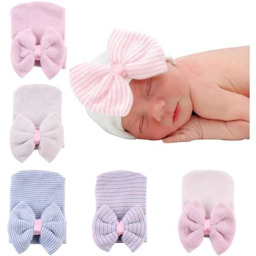 upeilxd Newborn Hospital Hat Infant Baby Hat Caps with Bow Soft Cute Nursery Beanie Hat - One Size - 5 Pack Bow/0-6 Month