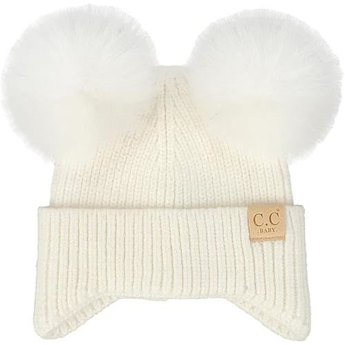 C.C Baby Double Fur Pom Pom Beanie with Ear Flap for Boys Girls - Comfortable Soft Warm Infant Toddler Baby Knit Skully Hat