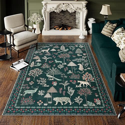 Lahome Jungle Green Tree Living Room Rug, 5x7 Kids Rugs for Playroom Bedroom Aesthetic Large Washable Animal Rug, Modern Dining Room Rug Stain Resistant Plant Carpet for Classroom, Dark Green