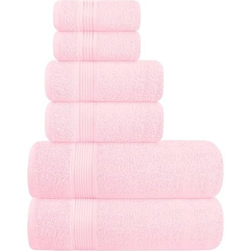 Belizzi Home Ultra Soft 6 Pack Cotton Towel Set, Contains 2 Bath Towels 28x55 inch, 2 Hand Towels 16x24 inch & 2 Wash Coths 12x12 inch, Ideal Everyday use, Compact & Lightweight - Pink