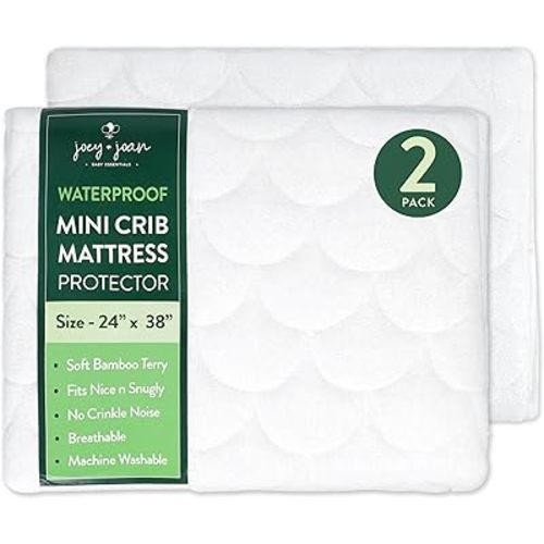 Joey + Joan Waterproof Mini Crib Mattress Protector – 2 Pack, 24" x 38" Quilted Ultra Soft Bamboo Viscose Terry Mini Crib Mattress Pad Cover – Noiseless & Breathable