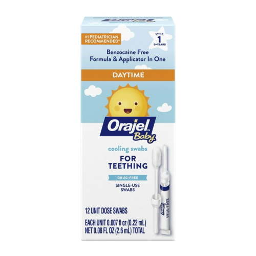 Orajel Baby Teething Cooling Swabs, Daytime, for Relief of Painful Swollen Gums, Drug-Free, 12 Swabs