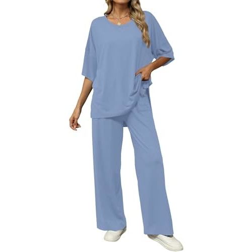 KevaMolly 2 Piece Lounge Set for Women Postpartum Oversized Tops and Wide Leg Pants Soft Comfy Pajamas Set 2 Piece Outfits