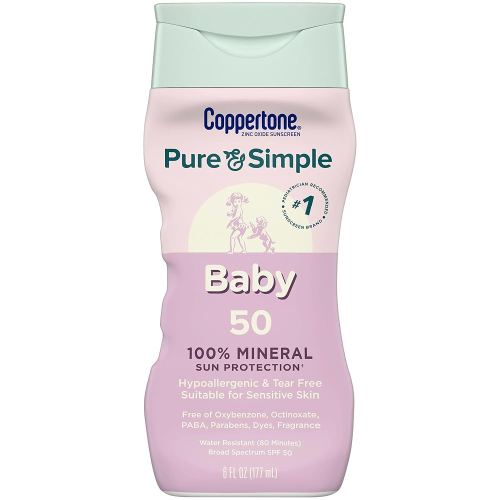 Coppertone Pure and Simple Baby Sunscreen Lotion SPF 50, Broad Spectrum Sunscreen for Baby, 6 Fl Oz Bottle