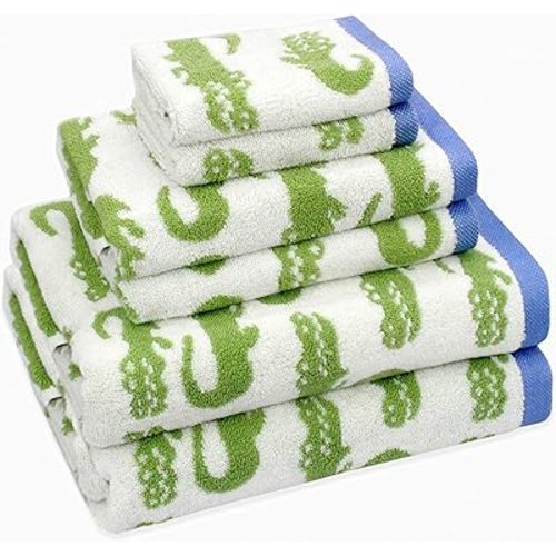 ORIGINAL KIDS 6 Piece Towel Set - Bath Time in A While Crocodile- 2 Bath Towels, 2 Hand Towels, 2 Washcloths - 100% Cotton Jacquard Soft Absorbent Pool Beach Towel Gift - Green Blue