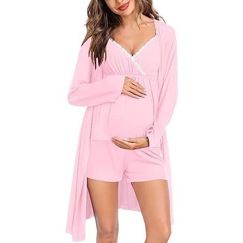 SWOMOG Womens Maternity Robe Set 3 Piece Nursing Pajamas for Breastfeeding 3 in 1 Labor Delivery Hospital Pregnancy Pjs