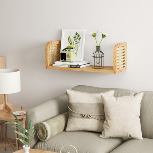 Bay Isle Home™ 17 Inch Rattan Wall Shelf, Wooden Hanging Bookshelf Storage, Natural Cute Nursery Shelves Wall Mounted, Boho Decorative Floating Shelves For Kids Room, Living Room, Play Room, Bedroom | Wayfair