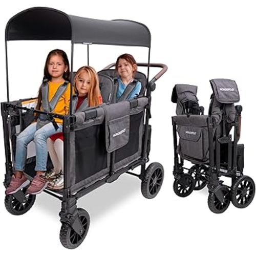WONDERFOLD W4 Luxe Pro Stroller Wagon (4 Seater) - Collapsible Wagon Stroller with Seats Featuring 5-Point Safety Harnesses and Adjustable Sun Canopy, Charcoal Gray