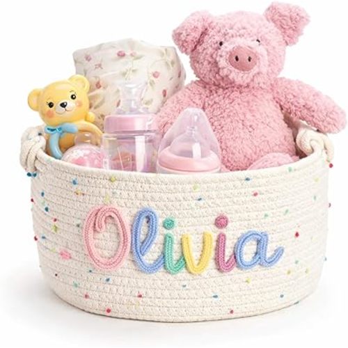 MBBEST Personalized Baby Basket with Name, Cotton Rope Nursery Storage Basket, Custom Baby Shower Basket, Small Diaper Caddy Organizer for Boys & Girls，Cute Girl & Boy Baby Gifts