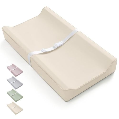 Blissful Diary Vegan Leather Baby Changing Pad with Waterproof & Wipe-Clean PU Cover, Standard Size Cozy Diaper Changing Pad for Dresser and Table, Beige
