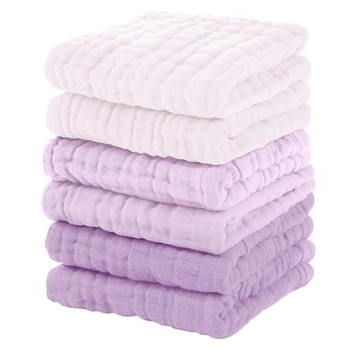 Unnivoll Muslin Burp Cloths Baby 12''X12'', Baby Washcloths 6 Pack, 100% Cotton Baby Wash Cloths Absorbent and Soft for Newborn Infants Kids Boys Girls - Gradient Purple