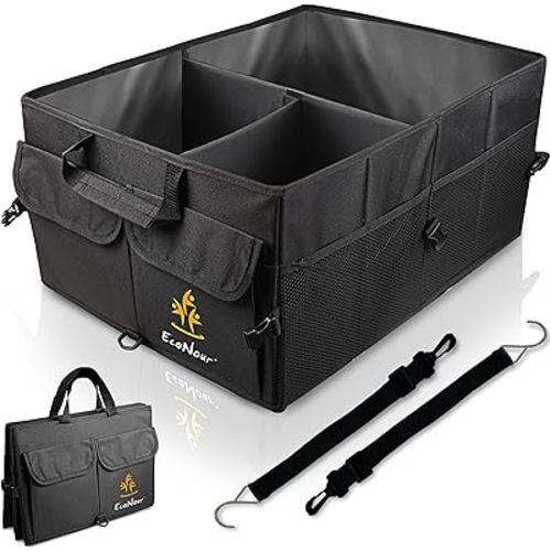 EcoNour Trunk Organizer for Car | SUV Collapsible Cargo Storage Box with Detachable Dividers, Mesh Pockets & Adjustable Straps | Multi Compartment Organizer for Groceries, Tools, Travel – Black