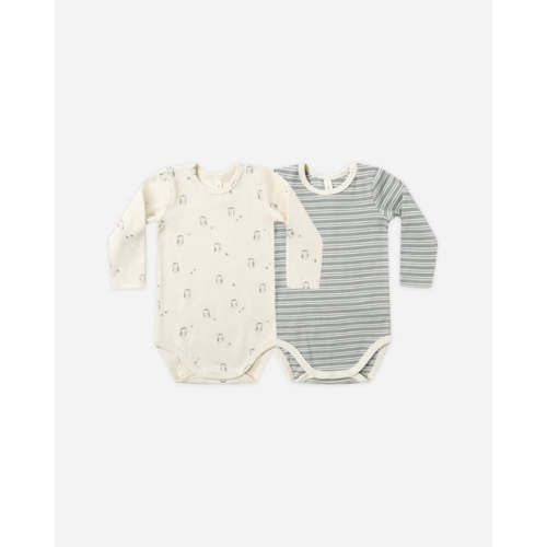 Ribbed Organic Bodysuit, 2 Pack || Steel Blue Micro Stripe, Owls – Quincy Mae