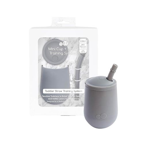 ezpz Mini Cup + Straw Training System - 9 Months+ (Gray) - 100% Silicone Training Cup for Infants + Toddlers - Designed by a Pediatric Feeding Specialist