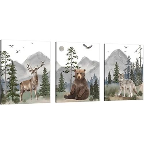 Woodland Nursery Wall Art Decor: Forest Themed Animal Wall Art Prints Canvas Posters Nursery Decor for Boys Girls Room,Wildlife Deer Bear Wolf Pictures for Bedroom Wall Decor,12x15 Inch,Set of 3