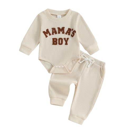 MERSARIPHY Newborn Baby Boy Fall Winter Clothes Mama's Boy Little Dude Outfit Embroidery Waffle Knit Romper Pants Sets
