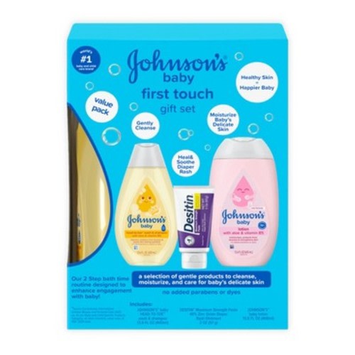 Johnson's First Touch Baby Gift Set Includes Baby Bath Wash & Shampoo, Body Lotion, & Diaper Rash Cream - 3ct