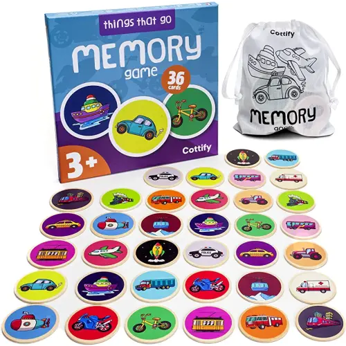 Cottify Wooden Memory Game for Toddlers 2-4 Years with Things That Go, Memory Matching Game, Toddler Matching Games Ages 2-4, Toddler Memory Game, Toddler Matching Game, Memory Card Game, 36 Cards